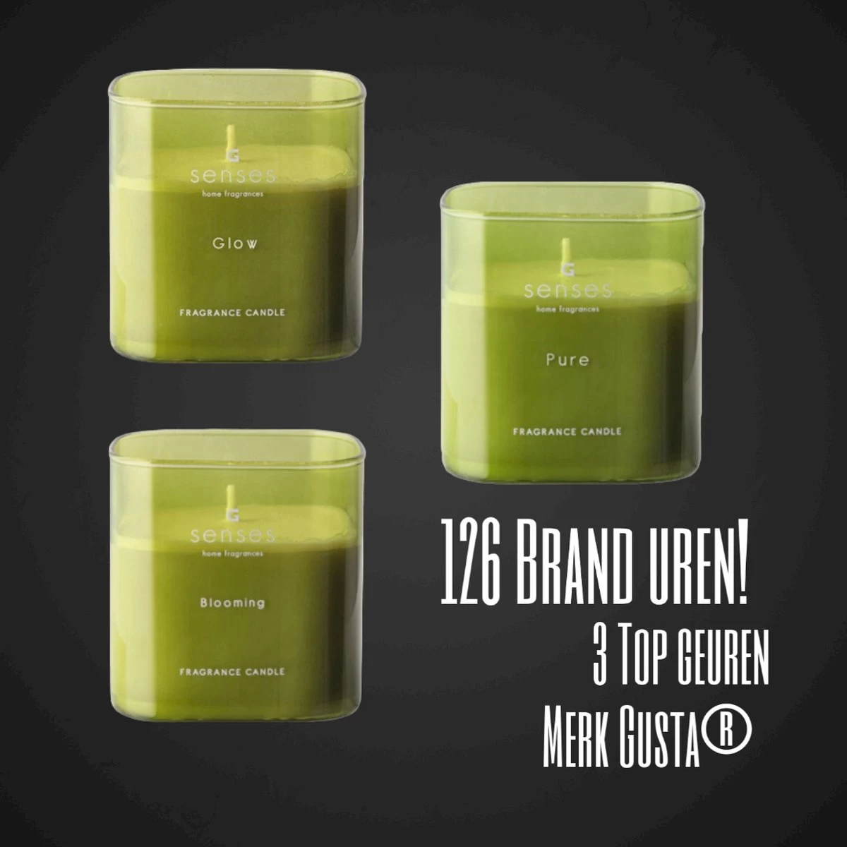 Gusta - Geurkaars / Gift Set 3 Stuks / 126 Brand Uren / Drie Verschillende Geuren / 8x8 Cm / Actiepakket 4 Gusta - Geurkaars / Gift Set 3 Stuks / 126 Brand Uren / Drie Verschillende Geuren / 8x8 Cm / Actiepakket - Afbeelding 2