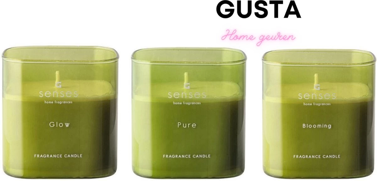 Gusta - Geurkaars / Gift Set 3 Stuks / 126 Brand Uren / Drie Verschillende Geuren / 8x8 Cm / Actiepakket 3 Gusta - Geurkaars / Gift Set 3 Stuks / 126 Brand Uren / Drie Verschillende Geuren / 8x8 Cm / Actiepakket