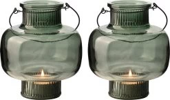 Gusta - Windlicht - Lantaarn - Groen - Glas - ø17x20cm - Set 2 Stuks