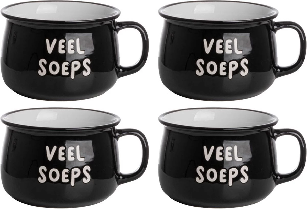 Gusta - Soepkom - Zwart Met Tekst - 500ml - Set 4 Stuks